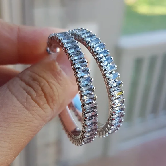 Swarovski Elements Platinum Plated Large Baguette Hoop Earrings NEW - Picture 5 of 17